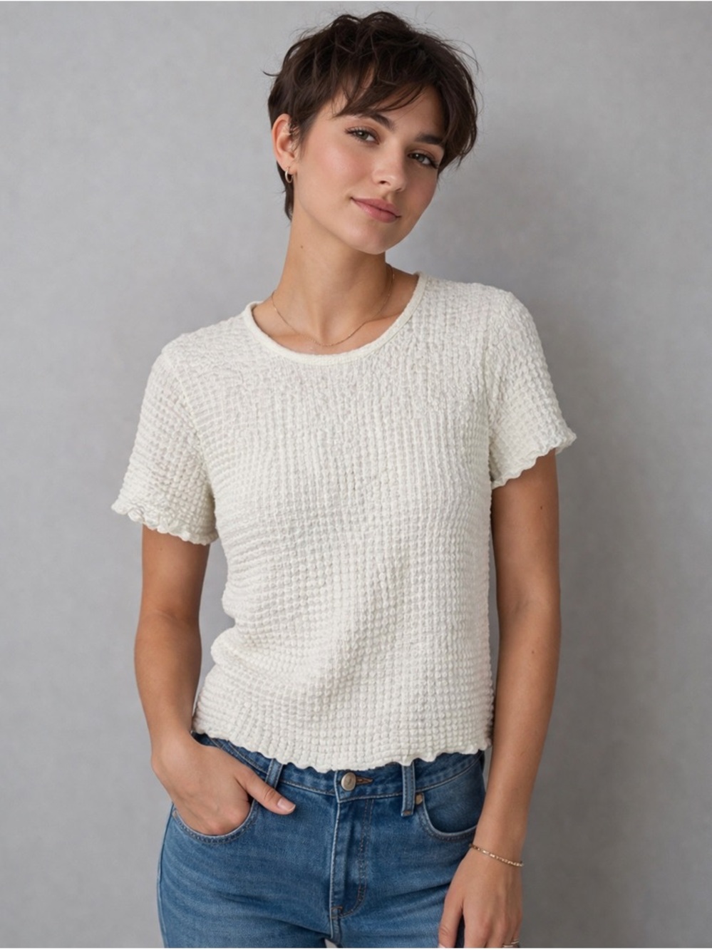 Philosophy Cream Gauzy Textured Short Sleeve Tee